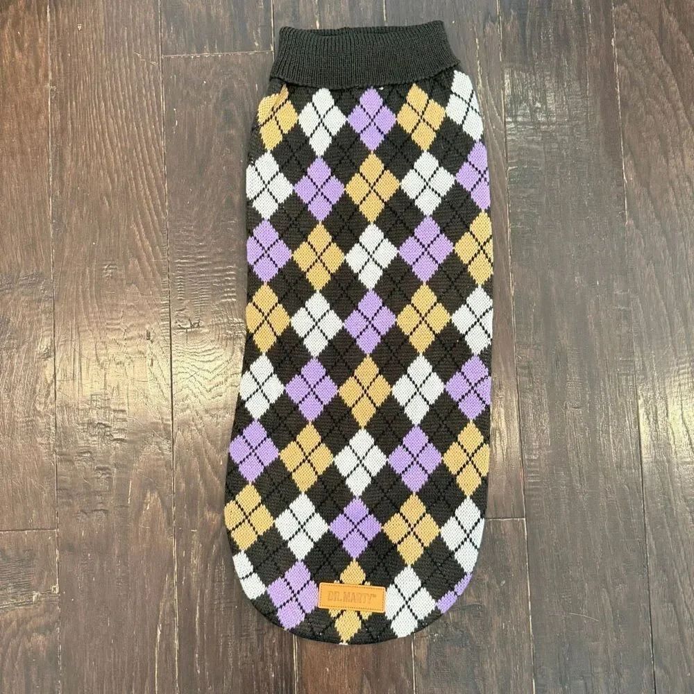 NWT Dr. Marty Argyle Short Sleeve Knit Doggy Sweater Purple Black Size Large Dog